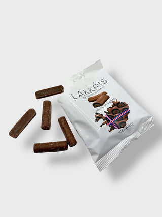 Bag of Lakkrís Þrista Stubbar by Sanbo Iceland with Icelandic licorice candy pieces coated in milk chocolate