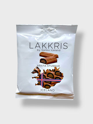 Bag of Lakkrís Þrista Stubbar by Sanbo Iceland with Icelandic licorice candy pieces coated in milk chocolate