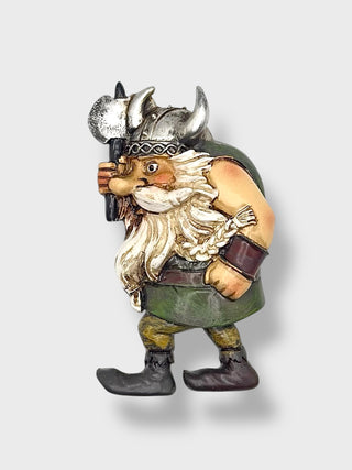Handpainted Icelandic Viking troll fridge magnet with horned helmet, fluffy beard, and axe inspired by Nordic folklore