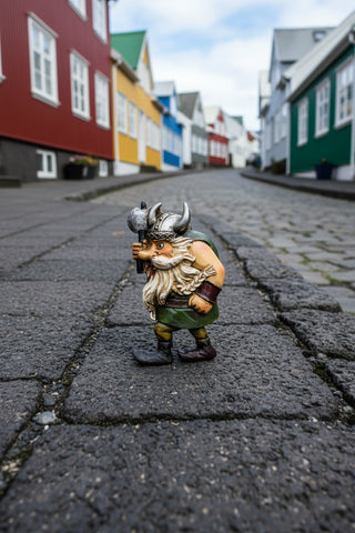 Handpainted Icelandic Viking troll fridge magnet with horned helmet, fluffy beard, and axe inspired by Nordic folklore