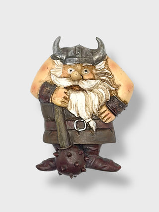 Handpainted Icelandic Viking fridge magnet with horned helmet, large white beard, and battle club inspired by Nordic mythology