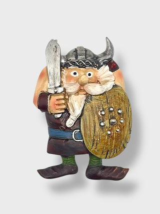 Handpainted Icelandic Viking fridge magnet holding a sword and wooden shield inspired by Nordic mythology