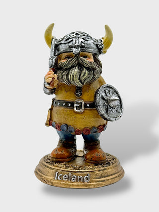 12 cm exclusive Icelandic Viking warrior figurine with axe, shield, horned helmet, and Nordic armor on Iceland base
