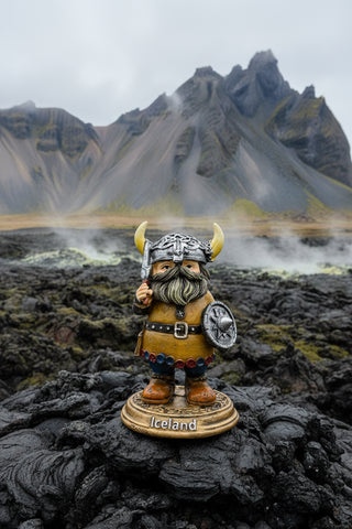 12 cm exclusive Icelandic Viking warrior figurine with axe, shield, horned helmet, and Nordic armor on Iceland base
