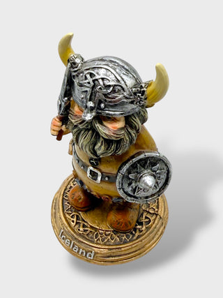 12 cm exclusive Icelandic Viking warrior figurine with axe, shield, horned helmet, and Nordic armor on Iceland base

