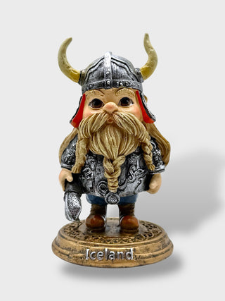 12 cm Icelandic Viking warrior figurine with braided beard, horned helmet, silver armor, and axe on Iceland base

