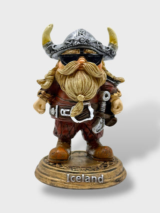 Funny 12 cm Icelandic Viking figurine with sunglasses, braided beard, horned helmet, and Iceland base
