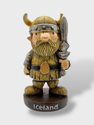 Rustic Icelandic Viking warrior figurine holding a sword with horned helmet and Nordic wood-style finish