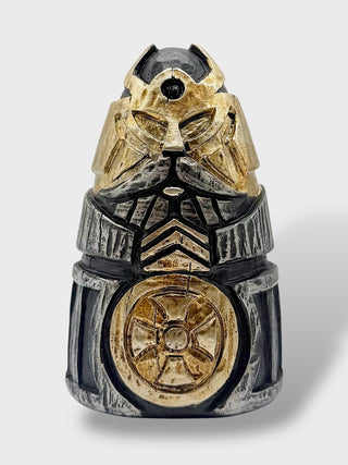 Nordic Viking guardian statue with shield symbol carvings and Scandinavian warrior mask design