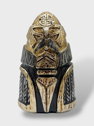 Nordic Viking warrior guardian statue with geometric helmet design and Scandinavian mythology style
