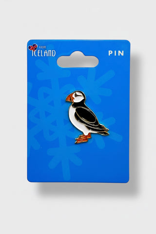 Iceland Puffin enamel pin souvenir with colourful Atlantic Puffin on blue retail backing card