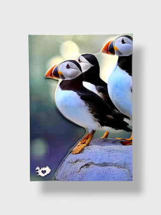 Iceland puffin notebook cover featuring three Atlantic puffins standing on a cliff, colorful beaks, Nordic wildlife souvenir journal