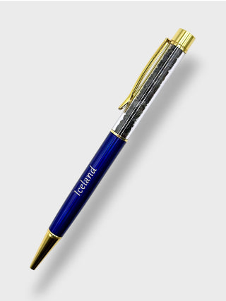 Blue pen with gold accents on a white background