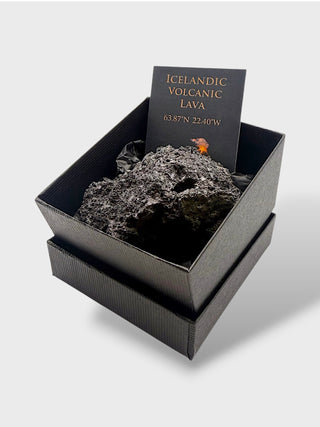 Icelandic volcanic lava rock in a black box with a label on a light gray background