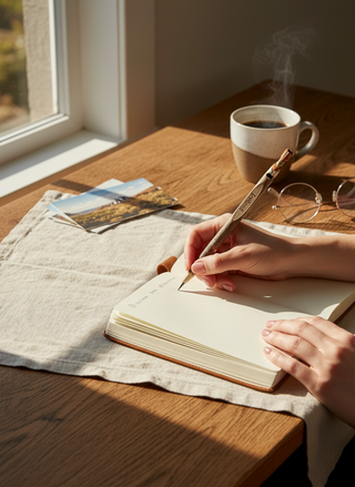 Person writing in a notebook with a cup of coffee and glasses on a wooden table.
