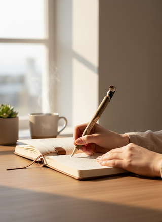 Person writing in a notebook with a pen on a wooden desk, natural light coming through a window.