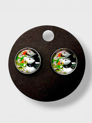 Pair of earrings with bird design on a black round card