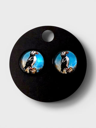 Round earrings with puffin design on a black card