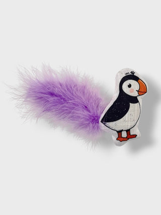 Iceland puffin cat toy with natural dried catnip, soft fabric body, colorful feather tail and A Friend from Iceland text
