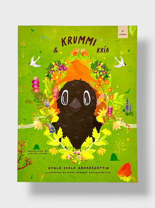 Children's book cover titled 'Krummi & Kriê' featuring a stylized dark bird surrounded by colorful flowers on a bright green background, with small bird illustrations and text credits.