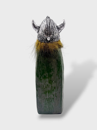 Hand-painted polyresin Icelandic Viking figurine with silver helmet, green cloak, long beard, and both hands resting on a large sword, 18 cm (7.09 in) tall.