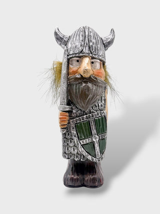 Hand-painted polyresin Icelandic Viking figurine wearing detailed silver armor and a horned helmet, holding a sword and green Viking shield, 15 cm (5.91 in) tall.