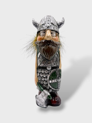 Hand-painted polyresin Icelandic Viking figurine wearing detailed silver armor and a horned helmet, holding a battle axe and green Viking shield, 15 cm (5.91 in) tall.