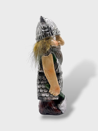 Hand-painted polyresin Icelandic Viking figurine wearing detailed silver armor and a horned helmet, holding a battle axe and green Viking shield, 15 cm (5.91 in) tall.