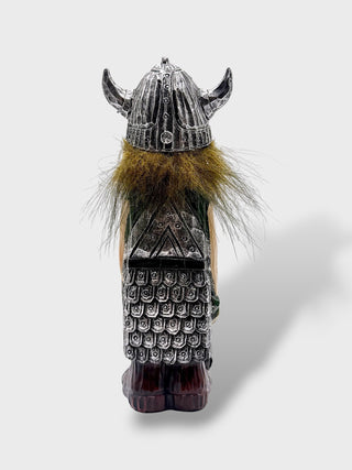 Hand-painted polyresin Icelandic Viking figurine wearing detailed silver armor and a horned helmet, holding a battle axe and green Viking shield, 15 cm (5.91 in) tall.