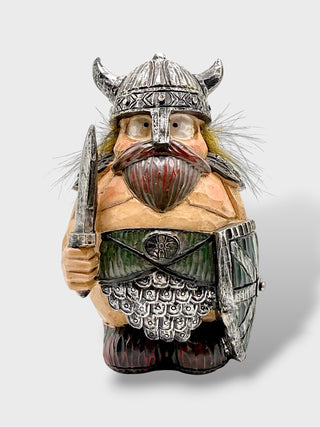 Hand-painted polyresin Icelandic Viking figurine holding a sword and shield, wearing a silver horned helmet, detailed armor, and green tunic, 14 cm (5.51 in) tall.
