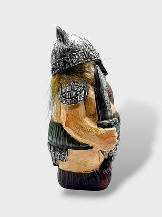 Hand-painted polyresin Icelandic Viking figurine holding a sword and shield, wearing a silver horned helmet, detailed armor, and green tunic, 14 cm (5.51 in) tall.