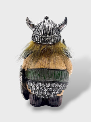 Hand-painted polyresin Icelandic Viking figurine holding a sword and shield, wearing a silver horned helmet, detailed armor, and green tunic, 14 cm (5.51 in) tall.
