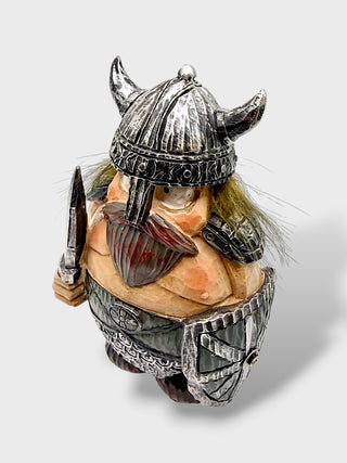 Hand-painted polyresin Icelandic Viking figurine holding a sword and shield, wearing a silver horned helmet, detailed armor, and green tunic, 14 cm (5.51 in) tall.