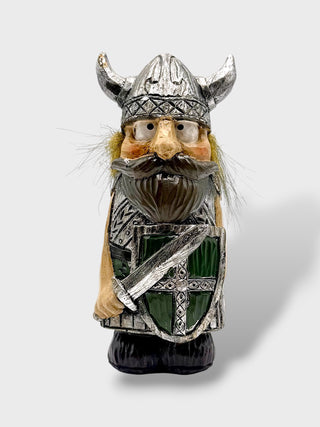 Hand-painted polyresin Icelandic Viking figurine holding a sword across a green shield, wearing detailed silver armor, horned helmet, and long beard, 13 cm (5.12 in) tall.