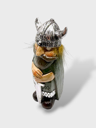 Hand-painted polyresin Icelandic Viking figurine with silver helmet, green cloak, long beard, and both hands resting on a large sword, 18 cm (7.09 in) tall.
