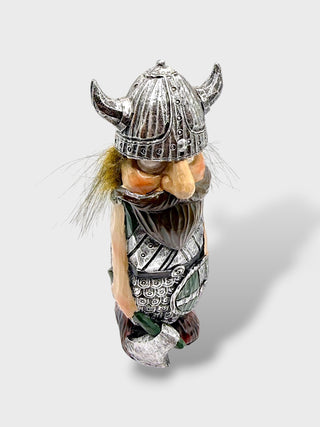 Hand-painted polyresin Icelandic Viking figurine wearing detailed silver armor and a horned helmet, holding a battle axe and green Viking shield, 15 cm (5.91 in) tall.