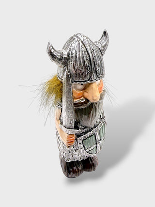 Hand-painted polyresin Icelandic Viking figurine wearing detailed silver armor and a horned helmet, holding a sword and green Viking shield, 15 cm (5.91 in) tall.