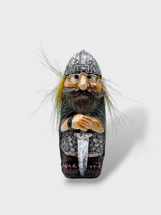 Hand-painted polyresin Icelandic Viking figurine with a silver helmet, long beard, detailed armor, and both hands resting on a large sword, 8 cm (3.15 in) tall.