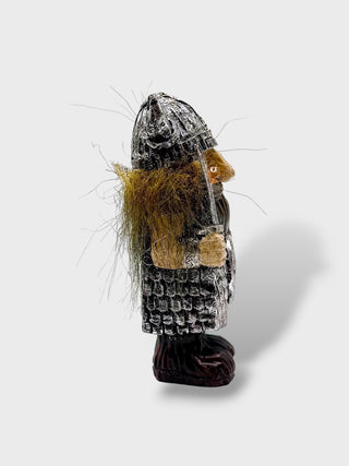 Hand-painted polyresin Icelandic Viking figurine wearing detailed silver armor and a horned helmet, holding a sword and round shield, 8 cm (3.15 in) tall.
