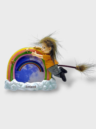 Hand-painted polyresin Icelandic elf rainbow photo frame with colorful rainbow, fluffy clouds, and playful elf, measuring 12 × 3 × 10 cm (4.72 × 1.18 × 3.94 in).
