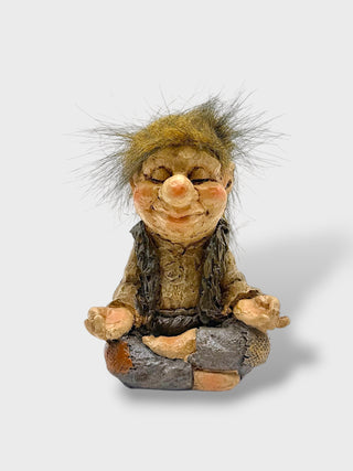 Hand-painted polyresin meditating Icelandic troll figurine sitting cross-legged with closed eyes, fluffy hair, and open hands, 11 cm (4.33 in) tall.