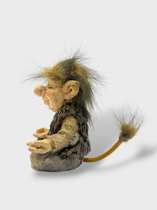 Hand-painted polyresin meditating Icelandic troll figurine sitting cross-legged with closed eyes, fluffy hair, and open hands, 11 cm (4.33 in) tall.