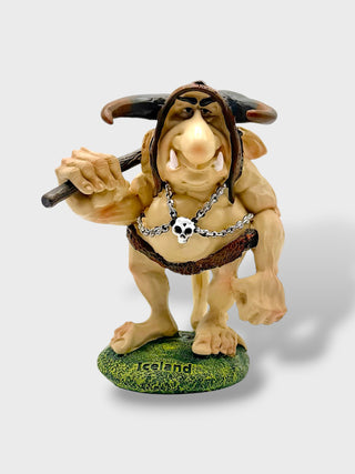 Hand-painted polyresin Icelandic Viking troll figurine with a horned helmet, pickaxe, tusks, and skull necklace, standing 12 cm (4.72 in) tall.
