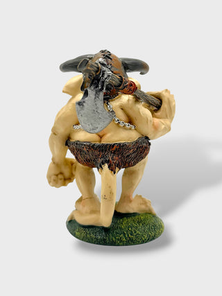 Hand-painted polyresin Icelandic Viking troll figurine with a horned helmet, pickaxe, tusks, and skull necklace, standing 12 cm (4.72 in) tall.
