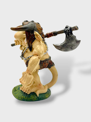 Hand-painted polyresin Icelandic Viking troll figurine with a horned helmet, pickaxe, tusks, and skull necklace, standing 12 cm (4.72 in) tall.
