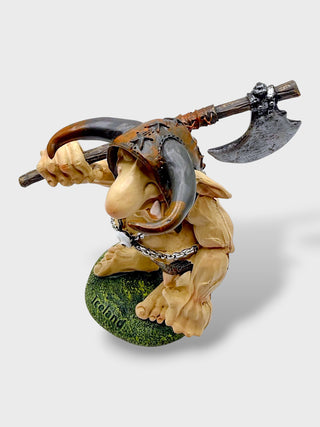 Hand-painted polyresin Icelandic Viking troll figurine with a horned helmet, pickaxe, tusks, and skull necklace, standing 12 cm (4.72 in) tall.
