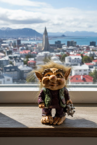 A small fantasy goblin figurine with pointed ears, a large snout, wild brown hair, and a purple outfit with green accents, holding a silver object