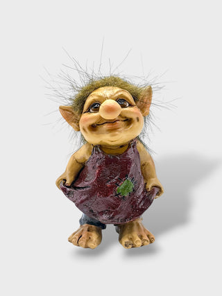 Hand-painted polyresin Icelandic troll lady figurine wearing a burgundy dress with fluffy hair, pointed ears, and a smiling face, 9 cm (3.54 in) tall.
