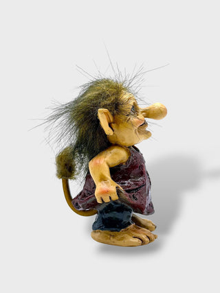 Hand-painted polyresin Icelandic troll lady figurine wearing a burgundy dress with fluffy hair, pointed ears, and a smiling face, 9 cm (3.54 in) tall.