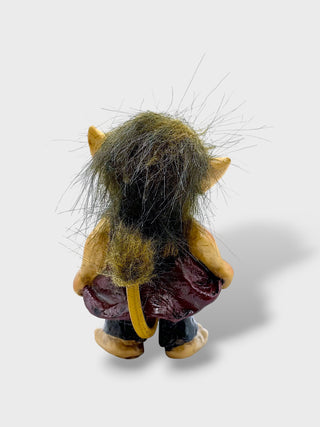 Hand-painted polyresin Icelandic troll lady figurine wearing a burgundy dress with fluffy hair, pointed ears, and a smiling face, 9 cm (3.54 in) tall.